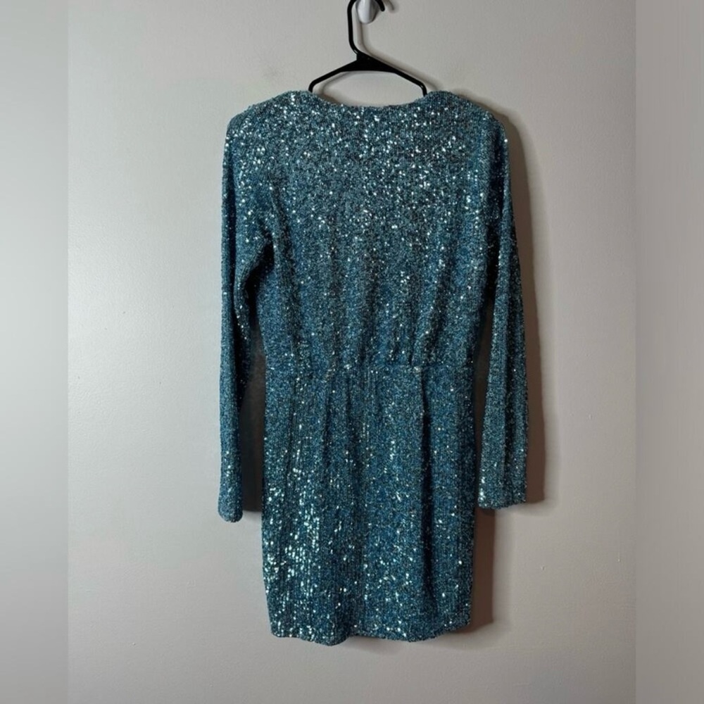 Show Me Your MuMu Sky Blue Sequin Long Sleeve Wrap Mini Dress - Picture 6 of 16
